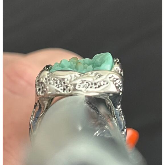Boho Statement Ring Turquoise Style Inlay Silver Tone Filigree Size 8 - Picture 2 of 8